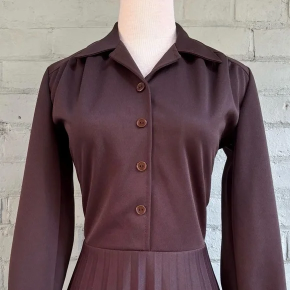 Vintage 70s Dark Brown Long Sleeve Shirt Dress - Picture 3 of 8